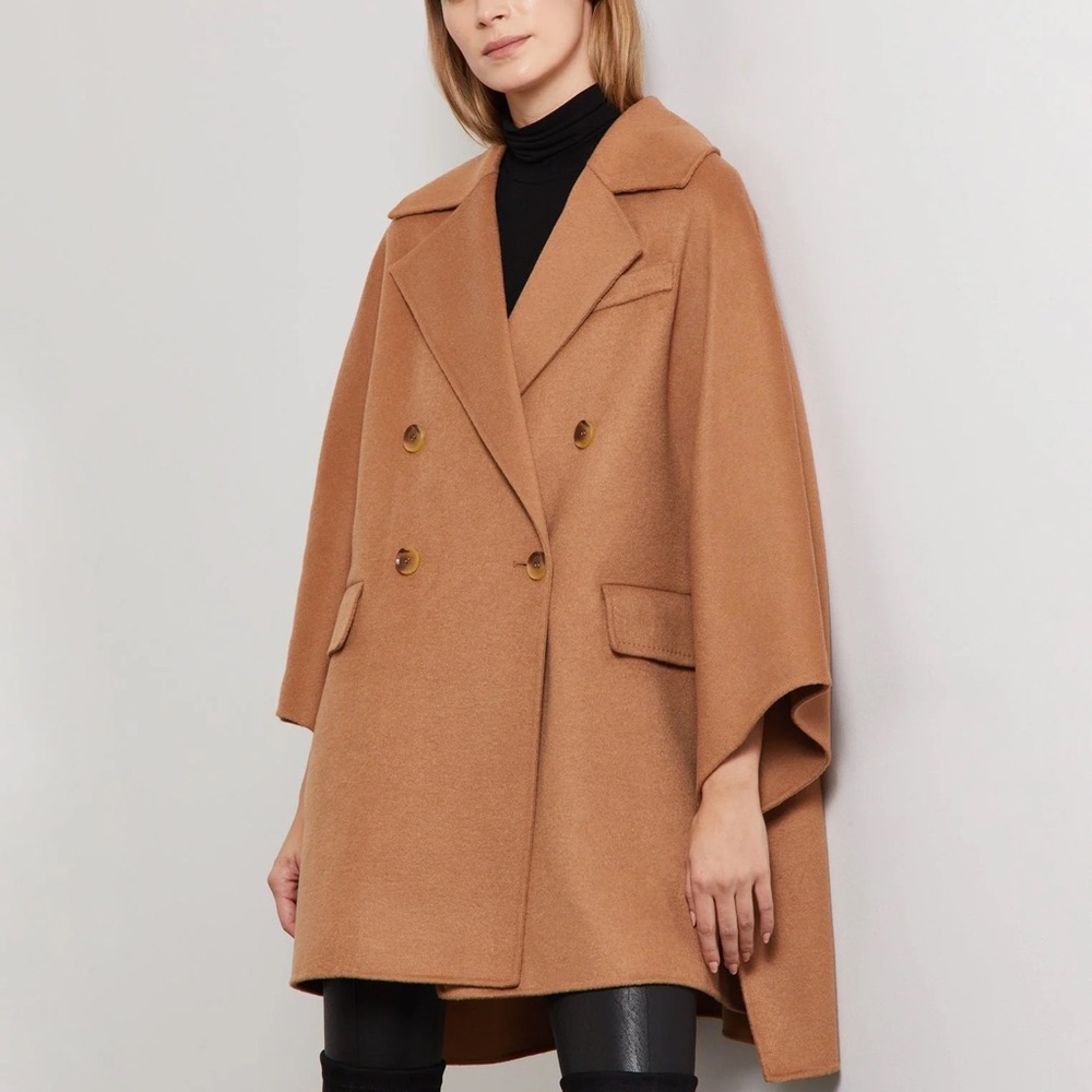 BCBG Tan Double-Breasted Cape Coat
